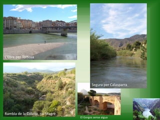 L'Ebre per Tortosa
Rambla de la Colaita, riu Magre
El Gorgos sense aigua
Segura per Calasparra
 