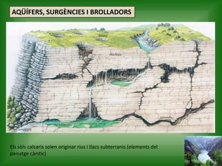 AQÜÍFERS, SURGÈNCIES I BROLLADORS
Els sòls calcaris solen originar rius i llacs subterranis (elements del
paisatge càrstic)
 