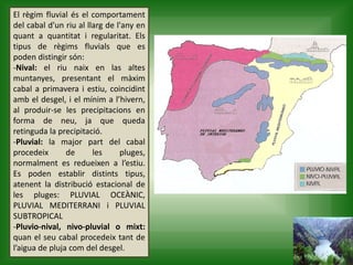 El règim fluvial és el comportament
del cabal d'un riu al llarg de l'any en
quant a quantitat i regularitat. Els
tipus de règims fluvials que es
poden distingir són:
-Nival: el riu naix en las altes
muntanyes, presentant el màxim
cabal a primavera i estiu, coincidint
amb el desgel, i el mínim a l’hivern,
al produir-se les precipitacions en
forma de neu, ja que queda
retinguda la precipitació.
-Pluvial: la major part del cabal
procedeix de les pluges,
normalment es redueixen a l’estiu.
Es poden establir distints tipus,
atenent la distribució estacional de
les pluges: PLUVIAL OCEÀNIC,
PLUVIAL MEDITERRANI i PLUVIAL
SUBTROPICAL
-Pluvio-nival, nivo-pluvial o mixt:
quan el seu cabal procedeix tant de
l’aigua de pluja com del desgel.
 