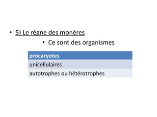• 5) Le règne des monères
            • Ce sont des organismes
      procaryotes
      unicellulaires
      autotrophes ou hétérotrophes
 
