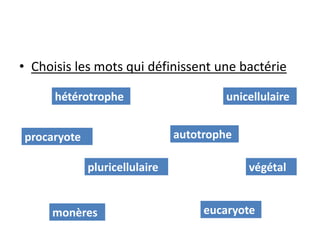 • Choisis les mots qui définissent une bactérie

      hétérotrophe                      unicellulaire


procaryote                     autotrophe

             pluricellulaire                végétal


     monères                        eucaryote
 