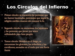 Los Círculos del InfiernoPrimer círculo: se encuentra las personas que no fueron bautizadas, personajes que según la religión católica mueren sin conocer la fe.Segundo círculo: se encuentran los lujuriosos y las personas que pecan por amor utilizándolo para bien propio.Tercer círculo: Metidos en el fango, se encuentran los glotones, los soberbios y los envidiosos; azotados en el suelo por una lluvia fuerte