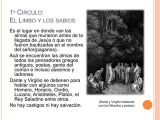 1º CIRCULO:
EL LIMBO Y LOS SABIOS
Es el lugar en donde van las
  almas que murieron antes de la
  llegada de Jesús o que no
  fueron bautizadas en el nombre
  del señor(paganos).
Acá se encuentran las almas de
  todos los pensadores griegos
  antiguos, poetas, gente del
  común e incluso asesinos y
  ladrones.
Dante y Virgilio se detienen para
  hablar con algunos como
  Homero, Horacio, Ovidio,
  Lucano, Aristóteles, Platón, el
  Rey Saladino entre otros.         (Dante y Virgilio hablando
No hay castigos ni hay salvación.   con los filósofos y poetas)
 