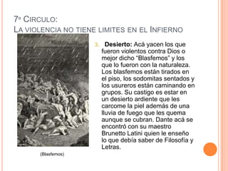 7º CIRCULO:
LA VIOLENCIA NO TIENE LIMITES EN EL INFIERNO
                     3. Desierto: Acá yacen los que
                       fueron violentos contra Dios o
                       mejor dicho “Blasfemos” y los
                       que lo fueron con la naturaleza.
                       Los blasfemos están tirados en
                       el piso, los sodomitas sentados y
                       los usureros están caminando en
                       grupos. Su castigo es estar en
                       un desierto ardiente que les
                       carcome la piel además de una
                       lluvia de fuego que les quema
                       aunque se cubran. Dante acá se
                       encontró con su maestro
                       Brunetto Latini quien le enseño
                       lo que debía saber de Filosofía y
                       Letras.
      (Blasfemos)
 