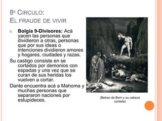8º CIRCULO:
EL FRAUDE DE VIVIR
9. Bolgia 9-Divisores: Acá
   yacen las personas que
   dividieron a otras, personas
   que por sus ideas o
   intenciones dividieron amores
   y hogares, ciudades y razas.
Su castigo consiste en se
   cortados por demonios con
   espadas y una vez que se
   curan de sus heridas los
   vuelven a cortar.
Dante encuentra acá a Mahoma y
   muchas personas que
   separaron naciones por          (Betran de Born y su cabeza
   estupideces.                              cortada)
 