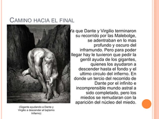CAMINO HACIA EL FINAL
                                     Ya que Dante y Virgilio terminaron
                                         su recorrido por las Malebolge,
                                                se adentraban en lo mas
                                                    profundo y oscuro del
                                           inframundo. Pero para poder
                                      llegar hay le tuvieron que pedir la
                                            gentil ayuda de los gigantes,
                                                  quienes los ayudaron a
                                           descender hasta el fondo y el
                                           ultimo circulo del infierno. En
                                        donde un tercio del recorrido de
                                                    Dante por el infinito e
                                         incomprensible mundo astral a
                                               sido completado, pero los
                                            miedos se remudaran con la
                                         aparición del núcleo del miedo.
   (Gigante ayudando a Dante y
  Virgilio a descender al bajísimo
               Infierno)
 