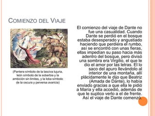 COMIENZO DEL VIAJE
                                           El comienzo del viaje de Dante no
                                                  fue una casualidad. Cuando
                                                 Dante se perdió en el bosque
                                           estaba desesperado y angustiado
                                             haciendo que perdiera el rumbo,
                                              así se encontró con unas fieras,
                                           ellas impedían su paso hacia más
                                              adentro del bosque, pero divisó
                                            una sombra era Virgilio, el que le
                                                dio el amor por las letras. El lo
                                                  saco del apuro llevándolo al
 (Pantera símbolo de la lasciva lujuria,
    león símbolo de la soberbia y la
                                                  interior de una montaña, allí
 ambición sin limites, y la loba símbolo     plácidamente le dijo que Beatriz
   de la oscura y perversa avaricia)               (Amada de Dante), lo había
                                           enviado gracias a que ella le pidió
                                           a María y ella accedió, además de
                                           que le suplico verlo a el de frente.
                                               Así el viaje de Dante comenzó.
 