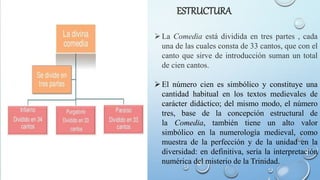 ESTRUCTURA
La Comedia está dividida en tres partes , cada
una de las cuales consta de 33 cantos, que con el
canto que sirve de introducción suman un total
de cien cantos.
El número cien es simbólico y constituye una
cantidad habitual en los textos medievales de
carácter didáctico; del mismo modo, el número
tres, base de la concepción estructural de
la Comedia, también tiene un alto valor
simbólico en la numerología medieval, como
muestra de la perfección y de la unidad en la
diversidad: en definitiva, sería la interpretación
numérica del misterio de la Trinidad.
 