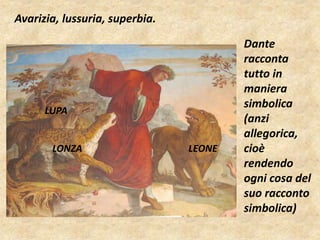 Dante 
racconta 
tutto in 
maniera 
simbolica 
(anzi 
allegorica, 
cioè 
rendendo 
ogni cosa del 
suo racconto 
simbolica) 
Avarizia, lussuria, superbia. 
LUPA 
LONZA LEONE 
 
