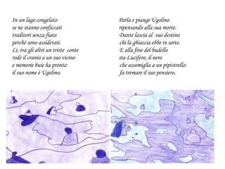In un lago congelato Parla e piange Ugolino
se ne stanno conficcati ripensando alla sua morte.
traditori senza fiato Dante lascia al suo destino
perché sono assiderati. chi la ghiaccia ebbe in sorte.
Lì, tra gli altri un triste conte E alla fine del budello
rode il cranio a un suo vicino sta Lucifero, il nero
e memorie buie ha pronte: che assomiglia a un pipistrello:
il suo nome è Ugolino. fa tremare il suo pensiero.
 