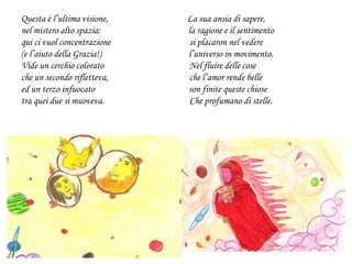 Questa è l’ultima visione, La sua ansia di sapere,
nel mistero alto spazia: la ragione e il sentimento
qui ci vuol concentrazione si placaron nel vedere
(e l’aiuto della Grazia!) l’universo in movimento.
Vide un cerchio colorato Nel fluire delle cose
che un secondo rifletteva, che l’amor rende belle
ed un terzo infuocato son finite queste chiose
tra quei due si muoveva. Che profumano di stelle.
 