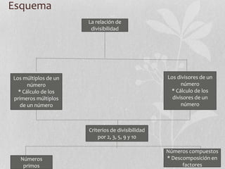 Esquema
La relación de
divisibilidad
Los múltiplos de un
número
* Cálculo de los
primeros múltiplos
de un número
Los divisores de un
número
* Cálculo de los
divisores de un
número
Criterios de divisibilidad
por 2, 3, 5, 9 y 10
Números
primos
Números compuestos
* Descomposición en
factores
 