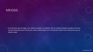 MEIOSIS
• Es el proceso que da lugar a las células sexuales, La realizan sólo las células sexuales cuando se forman
son dos divisiones que al final dan cuatro células hijas con la mitad del número de cromosomas que la
célula madre
By Anthony Ortiz
 