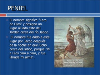 PENIEL El nombre significa "Cara de Dios" y designa un lugar al lado este del Jordán cerca del río Jaboc. El nombre fue dado a este lugar por Jacob después de la noche en que luchó cerca del Jaboc, porque "Vi a Dios cara a cara, y fue librada mi alma".  