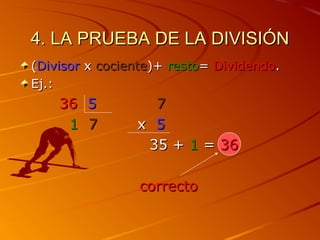 4. LA PRUEBA DE LA DIVISIÓN4. LA PRUEBA DE LA DIVISIÓN
((DivisorDivisor xx cocientecociente)+)+ restoresto== DividendoDividendo..
Ej.:Ej.:
3636 55 77
11 77 xx 55
35 +35 + 11 == 3636
correctocorrecto
 