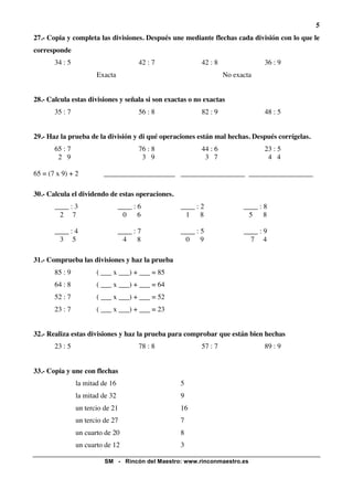 5
27.- Copia y completa las divisiones. Después une mediante flechas cada división con lo que le
corresponde
34 : 5

42 : 7

42 : 8

Exacta

36 : 9
No exacta

28.- Calcula estas divisiones y señala si son exactas o no exactas
35 : 7

56 : 8

82 : 9

48 : 5

29.- Haz la prueba de la división y di qué operaciones están mal hechas. Después corrígelas.
65 : 7
2 9

76 : 8
3 9

65 = (7 x 9) + 2

44 : 6
3 7

23 : 5
4 4

____________________ __________________ __________________

30.- Calcula el dividendo de estas operaciones.
____ : 3
2 7

____ : 6
0 6

____ : 2
1 8

____ : 8
5 8

____ : 4
3 5

____ : 7
4 8

____ : 5
0 9

____ : 9
7 4

31.- Comprueba las divisiones y haz la prueba
85 : 9

( ___ x ___) + ___ = 85

64 : 8

( ___ x ___) + ___ = 64

52 : 7

( ___ x ___) + ___ = 52

23 : 7

( ___ x ___) + ___ = 23

32.- Realiza estas divisiones y haz la prueba para comprobar que están bien hechas
23 : 5

78 : 8

57 : 7

33.- Copia y une con flechas
la mitad de 16

5

la mitad de 32

9

un tercio de 21

16

un tercio de 27

7

un cuarto de 20

8

un cuarto de 12

3

SM - Rincón del Maestro: www.rinconmaestro.es

89 : 9

 
