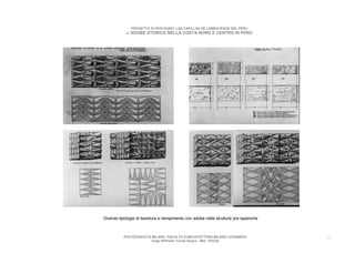 PROGETTO DI RESTAURO: LAS CAPILLAS DE LAMBAYEQUE DEL PERU
            L’ADOBE STORICO NELLA COSTA NORD E CENTRO IN PERU




Diverse tipologie di tessitura e riempimento con adobe nelle strutture pre ispaniche



          POLITECNICO DI MILANO. FACOLTA D’ARCHITETTURA MILANO LEONARDO.               19
                         Hugo Wilfredo Torres Reyna - Mat. 193220.
 