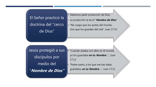 • Debemos pedir protección de Dios,
• La protección la da el “Nombre de Dios”
• “No ruego que los quites del mundo,
sino que los guardes del mal”, Juan 17:15
El Señor practicó la
doctrina del “cerco
de Dios”
• “Cuando estaba con ellos en el mundo,
yo los guardaba en tu Nombre…”, Juan
17:12
• “Padre santo, a los que me has dado,
guárdalos en tu Nombre…”, Juan 17:11
Jesús protegió a sus
discípulos por
medio del
“Nombre de Dios”
 