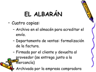 EL ALBARÁN Cuatro copias: Archivo en el almacén para acreditar el envío. Departamento de ventas: formalización de la factura. Firmada por el cliente y devuelta al proveedor (se entrega junto a la mercancía) Archivada por la empresa compradora (se entrega junto a la mercancía) 
