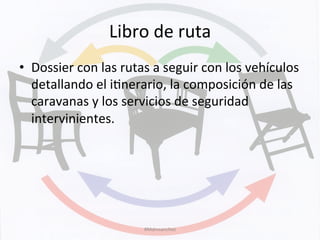 Libro	
  de	
  ruta	
  
•  Dossier	
  con	
  las	
  rutas	
  a	
  seguir	
  con	
  los	
  vehículos	
  
detallando	
  el	
  iKnerario,	
  la	
  composición	
  de	
  las	
  
caravanas	
  y	
  los	
  servicios	
  de	
  seguridad	
  
intervinientes.	
  
#Mdmsanchez	
  
 