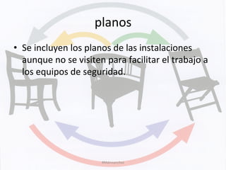 planos	
  
•  Se	
  incluyen	
  los	
  planos	
  de	
  las	
  instalaciones	
  
aunque	
  no	
  se	
  visiten	
  para	
  facilitar	
  el	
  trabajo	
  a	
  
los	
  equipos	
  de	
  seguridad.	
  
#Mdmsanchez	
  
 
