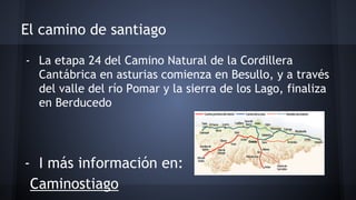El camino de santiago 
- La etapa 24 del Camino Natural de la Cordillera 
Cantábrica en asturias comienza en Besullo, y a través 
del valle del río Pomar y la sierra de los Lago, finaliza 
en Berducedo 
- I más información en: 
Caminostiago 
- 
 