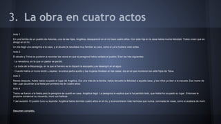 3. La obra en cuatro actos 
Acto 1. 
En una familia de un pueblo de Asturias, una de las hijas, Angélica, desapareció en el río hace cuatro años. Con esta hija en la casa había mucha felicidad. Todos creen que se 
ahogó en el río. 
Un día llegó una peregrina a la casa, y al abuelo le resultaba muy familiar su cara, como si ya la hubiera visto antes. 
Acto 2. 
El abuelo y Telva se pusieron a recordar las veces en que la peregrina había visitado el pueblo. Eran las tres siguientes: 
· La nevadona, en la que un pastor se perdió. 
· La boda de la Mayorazga, en la que al herrero se le disparó la escopeta y se desangró en el agua. 
· Cuando había un humo ácido y espeso, la sirena pedía auxilio y las mujeres lloraban en las casas, día en el que murireron los siete hijos de Telva. 
Acto 3 
Meses después, Adela había ocupado el lugar de Angélica. Era una más de la familia, había devuelto la felicidad a aquella casa, y los niños ya iban a la escuela. Esa noche de 
San Juan acudirían a la fiesta por primera vez en cuatro años. 
Acto 4 
Todos se fueron a la fiesta pero la peregrina se quedó en casa. Angélica llegó. La peregrina le explica que lo ha perdido todo, que Adela ha ocupado su lugar. Entonces le 
propone conservar su recuerdo, morir con belleza. 
Y así sucedió. El pueblo tuvo su leyenda: Angélica había dormido cuatro años en el río, y la encontraron más hermosa que nunca, coronada de rosas, como si acabara de morir. 
Resumen completo. 
 
