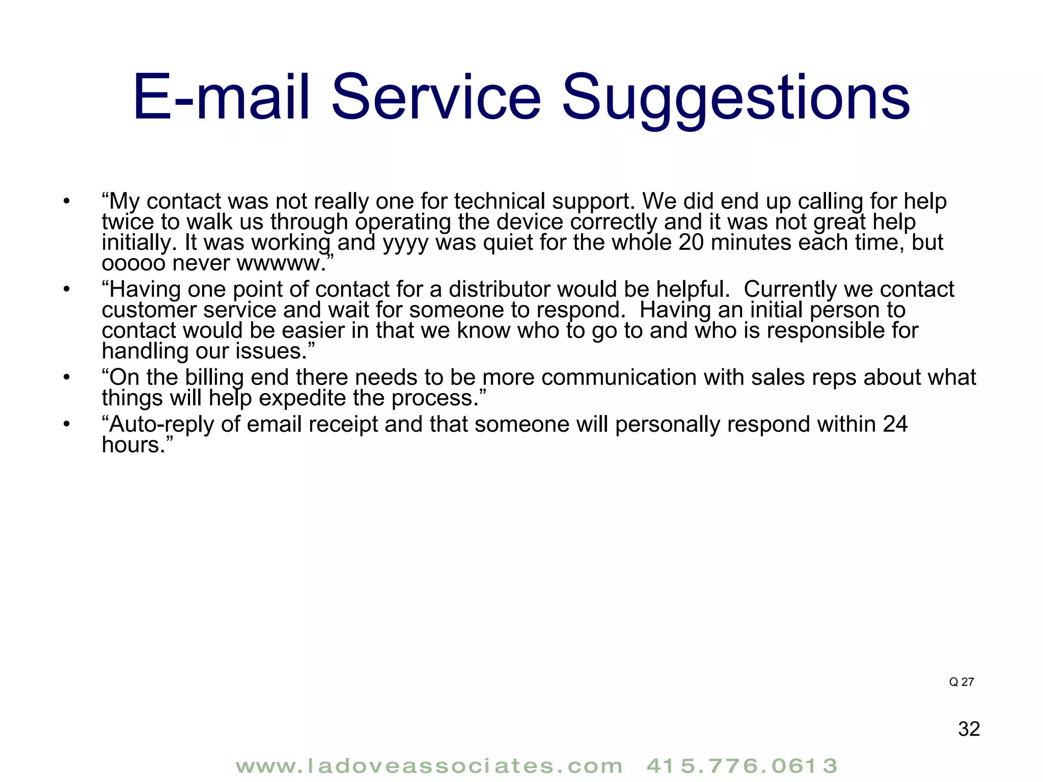 E-mail Service Suggestions “ My contact was not really one for technical support. We did end up calling for help twice to walk us through operating the device correctly and it was not great help initially. It was working and yyyy was quiet for the whole 20 minutes each time, but ooooo never wwwww.” “ Having one point of contact for a distributor would be helpful.  Currently we contact customer service and wait for someone to respond.  Having an initial person to contact would be easier in that we know who to go to and who is responsible for handling our issues.” “ On the billing end there needs to be more communication with sales reps about what things will help expedite the process.” “ Auto-reply of email receipt and that someone will personally respond within 24 hours.” Q 27 