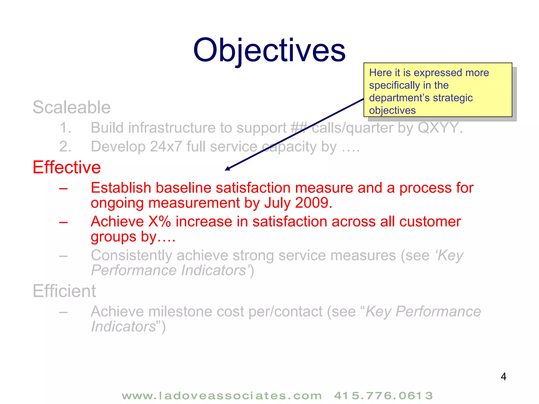 Objectives Scaleable Build infrastructure to support ## calls/quarter by QXYY. Develop 24x7 full service capacity by …. Effective Establish baseline satisfaction measure and a process for ongoing measurement by July 2009. Achieve X% increase in satisfaction across all customer groups by…. Consistently achieve strong service measures (see  ‘Key Performance Indicators’ ) Efficient Achieve milestone cost per/contact (see “ Key Performance Indicators ”) Here it is expressed more specifically in the department’s strategic objectives 