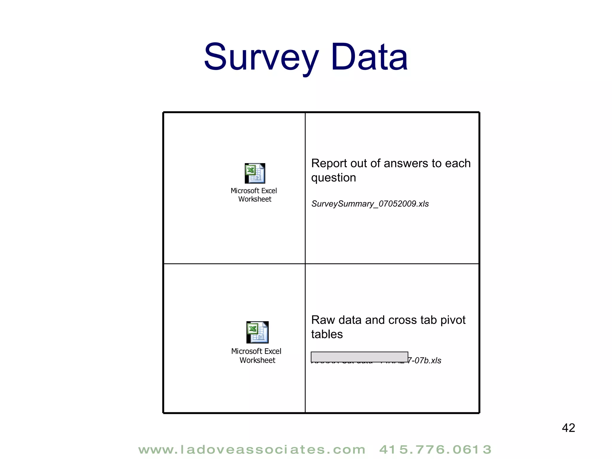 Survey Data Raw data and cross tab pivot tables XXXXX Sat data - FINAL 7-07b.xls Report out of answers to each question SurveySummary_07052009.xls 