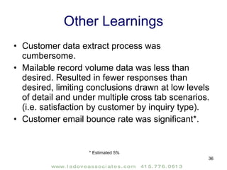 Other Learnings Customer data extract process was cumbersome. Mailable record volume data was less than desired. Resulted in fewer responses than desired, limiting conclusions drawn at low levels of detail and under multiple cross tab scenarios.  (i.e. satisfaction by customer by inquiry type). Customer email bounce rate was significant*. * Estimated 5%  