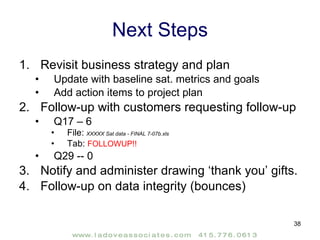 Next Steps Revisit business strategy and plan Update with baseline sat. metrics and goals Add action items to project plan  Follow-up with customers requesting follow-up  Q17 – 6 File:  XXXXX Sat data - FINAL 7-07b.xls  Tab:  FOLLOWUP!! Q29 -- 0 Notify and administer drawing ‘thank you’ gifts. Follow-up on data integrity (bounces) 
