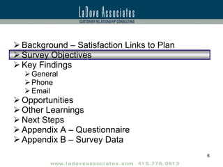 Background – Satisfaction Links to Plan Survey Objectives Key Findings General Phone Email Opportunities Other Learnings Next Steps Appendix A – Questionnaire Appendix B – Survey Data 