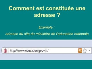 Comment est constituée une
adresse ?
Exemple :
adresse du site du ministère de l’éducation nationale
 