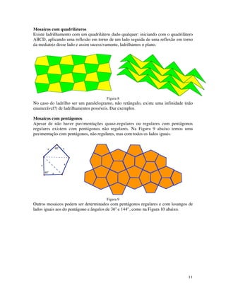 11
Mosaicos com quadriláteros
Existe ladrilhamento com um quadrilátero dado qualquer: iniciando com o quadrilátero
ABCD, aplicando uma reflexão em torno de um lado seguida de uma reflexão em torno
da mediatriz desse lado e assim sucessivamente, ladrilhamos o plano.
Figura 8
No caso do ladrilho ser um paralelogramo, não retângulo, existe uma infinidade (não
enumerável?) de ladrilhamentos possíveis. Dar exemplos.
Mosaicos com pentágonos
Apesar de não haver pavimentações quase-regulares ou regulares com pentágonos
regulares existem com pentágonos não regulares. Na Figura 9 abaixo temos uma
pavimentação com pentágonos, não regulares, mas com todos os lados iguais.
a
a
a a
a
90°
90°
Figura 9
Outros mosaicos podem ser determinados com pentágonos regulares e com losangos de
lados iguais aos do pentágono e ângulos de 36o
e 144o
, como na Figura 10 abaixo.
 