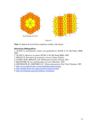 15
Pavimentação do Cairo
Figura 16
Nota: As figuras do texto foram compostas usando o Sketchpad.
Referências Bibliográficas:
1. ALVES, S. Ladrilhando o plano com quadriláteros, R.P.M. nº 51, São Paulo: SBM,
2003.
2. ALVES, S. Mosaicos no plano, R.P.M. nº 40, São Paulo:SBM, 1999.
3. WELLS, D. Dicionário de geometria curiosa, Lisboa: Gradiva,
4. CUNDY, H.M.; ROLLET, A.P. Mathematical models, Oxford, 1961
5. KRAITCHIK, M. Les mathématiques des jeux, Bruxelles, 1930
6. GRUNBAUM, B.; SHEPARD, G.C. Tilings and patterns, New York: Freeman, 1987.
7. http://www.math.unl.edu/~cmann/math/heesch/heesch.htm
8. http://aleph0.clarku.edu/~djoyce/poincare/poincare.html
9. http://en.wikipedia.org/wiki/Andreini_tessellation
 