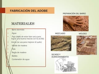 FABRICACIÓN DEL ADOBE
• Barro dormido
• Agua
• Paja (debe de estar bien seca para
lograr una buena mezcla con la arcilla)
• Arena (se usa para mejorar el suelo)
• Molde de madera
• Pala
• Regla de madera
• Baldes
• Contenedor de agua
MATERIALES:
PREPARACIÓN DEL BARRO
MEZCLADO MOLDEO
SECADO Y
ALMACENAMIENTO
 