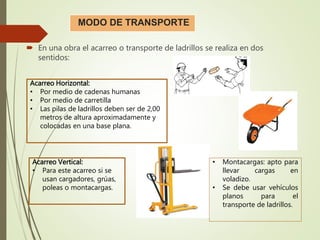MODO DE TRANSPORTE
 En una obra el acarreo o transporte de ladrillos se realiza en dos
sentidos:
Acarreo Horizontal:
• Por medio de cadenas humanas
• Por medio de carretilla
• Las pilas de ladrillos deben ser de 2,00
metros de altura aproximadamente y
colocadas en una base plana.
• Montacargas: apto para
llevar cargas en
voladizo.
• Se debe usar vehículos
planos para el
transporte de ladrillos.
Acarreo Vertical:
• Para este acarreo si se
usan cargadores, grúas,
poleas o montacargas.
 