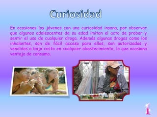 En ocasiones los jóvenes con una curiosidad insana, por observar
que algunos adolescentes de su edad imitan el acto de probar y
sentir el uso de cualquier droga. Además algunas drogas como los
inhalantes, son de fácil acceso para ellos, son autorizadas y
vendidas a bajo costo en cualquier abastecimiento, lo que ocasiona
ventaja de consumo.
 