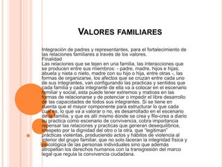 VALORES FAMILIARES
Integración de padres y representantes, para el fortalecimiento de
las relaciones familiares a través de los valores.
Finalidad
Las relaciones que se tejen en una familia, las interacciones que
se producen entre sus miembros: - padre, madre, hijos e hijas;
abuela y nieta o nieto, madre con su hijo o hija, entre otras -, las
formas de organizarse, los afectos que se cruzan entre cada uno
de sus integrantes, van configurando las practicas y sentidos que
cada familia y cada integrante de ella va a colocar en el escenario
familiar y social, esta puede tener extremos y matices en las
formas de relacionarse y de potenciar o impedir el libre desarrollo
de las capacidades de todos sus integrantes. Si se tiene en
cuenta que el mayor componente para estructurar lo que cada
cual es, lo que va a valorar o no, es desarrollado en el escenario
de la familia, y que es allí mismo donde se crea y Re-crea a diario
su practica como escenario de convivencia, cobra importancia
repensar las relaciones y practicas que generan desequilibrios,
irrespeto por la dignidad del otro o la otra, que “legitiman”
prácticas violentas, produciendo actos y hábitos de violencia al
interior del grupo familiar, que no solo laceran la integridad física y
psicológica de las personas individuales sino que además
atropellan los derechos humanos con la transgresión del marco
legal que regula la convivencia ciudadana.
 
