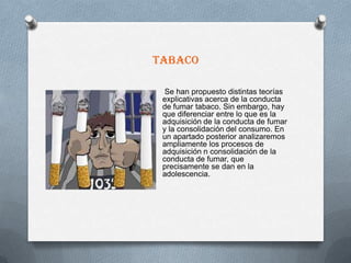 tabaco

  Se han propuesto distintas teorías
 explicativas acerca de la conducta
 de fumar tabaco. Sin embargo, hay
 que diferenciar entre lo que es la
 adquisición de la conducta de fumar
 y la consolidación del consumo. En
 un apartado posterior analizaremos
 ampliamente los procesos de
 adquisición n consolidación de la
 conducta de fumar, que
 precisamente se dan en la
 adolescencia.
 