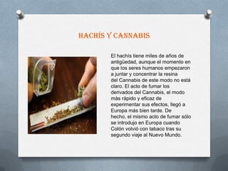 Hachís y cannabis

       El hachís tiene miles de años de
       antigüedad, aunque el momento en
       que los seres humanos empezaron
       a juntar y concentrar la resina
       del Cannabis de este modo no está
       claro. El acto de fumar los
       derivados del Cannabis, el modo
       más rápido y eficaz de
       experimentar sus efectos, llegó a
       Europa más bien tarde. De
       hecho, el mismo acto de fumar sólo
       se introdujo en Europa cuando
       Colón volvió con tabaco tras su
       segundo viaje al Nuevo Mundo.
 