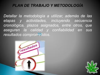 PLAN DE TRABAJO Y METODOLOGÍA
Detallar la metodología a utilizar, además de las
etapas y actividades, incluyendo secuencia
cronológica, plazos asignados, entre otros, que
aseguren la calidad y confiabilidad en sus
resultados comprometidos.
 