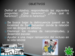 OBJETIVOS
Definir el objetivo, respondiendo las siguientes
preguntas: ¿Qué haremos?, ¿Para qué lo
haremos?, ¿Cómo lo haremos?
 Se busca bajar la delincuencia juvenil en la
localidad de San Sebastián donde la relación
con las drogas es altísima.
 Disminuir los niveles de narcomenudeo, y
deserción escolar.
 Ayudar a una mejor reinserción del recluso en
la vida laboral
 