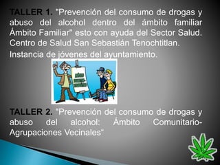 TALLER 1. "Prevención del consumo de drogas y
abuso del alcohol dentro del ámbito familiar
Ámbito Familiar" esto con ayuda del Sector Salud.
Centro de Salud San Sebastián Tenochtitlan.
Instancia de jóvenes del ayuntamiento.
TALLER 2. "Prevención del consumo de drogas y
abuso del alcohol: Ámbito Comunitario-
Agrupaciones Vecinales“
 