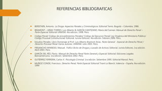 REFERENCIAS BIBLIOGRAFICAS
 BERISTAIN, Antonio. La Droga: Aspectos Penales y Criminológicos. Editorial Temis. Bogotá – Colombia. 1986.
 BRAMONT – ARIAS TORRES, Luis Alberto & GARCÍA CANTIZANO, María del Carmen Manual de Derecho Penal –
Parte Especial. Editorial UNMSM. 4ta edicion, 1998. Perú.
 Código Penal/ Código de procedimientos Penales/ Código de Ejecucion Penal/ Ley Orgánica del Ministerio Público/
Código Procesal Constitucional/ Editorial. Jurista Editores. 4ta edición. Febrero 2006. Perú.
 Estudios Penales. Libro Homenaje al Prof. Luis Alberto Bramont Arias. Parte General - Especial de Derecho Penal /
Derecho Procesal Penal. Varios autores. UNMSM, Julio 2003. Perú.
 FRISANCHO APARICIO, Manuel. Tráfico Ilícito de Drogas y Lavado de Activos. Editorial. Jurista Editores. 1ra edición.
Abril 2003. Perú.
 GARCÍA DEL RÍO, Flavio. Manual de Derecho Penal Parte General y Especial. Editorial. Ediciones Legales
Iberoamericana. 1ra edición. Setiembre 2002. Perú.
 GUTIÉRREZ FERREIRA, Carlos V. Psicología Criminal. 1ra edición. Setiembre 1995. Editorial Marsol. Perú.
 MUÑOZ CONDE, Francisco. Derecho Penal, Parte Especial. Editorial Tirant Lo Blanch, Valencia – España. 8va edición.
1990
 
