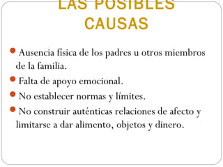 LAS POSIBLES
              CAUSAS
Ausencia física de los padres u otros miembros
 de la familia.
Falta de apoyo emocional.
No establecer normas y límites.
No construir auténticas relaciones de afecto y
 limitarse a dar alimento, objetos y dinero.
 
