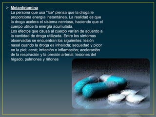  Metanfetamina
La persona que usa "Ice" piensa que la droga le
proporciona energía instantánea. La realidad es que
la droga acelera el sistema nervioso, haciendo que el
cuerpo utilice la energía acumulada.
Los efectos que causa al cuerpo varían de acuerdo a
la cantidad de droga utilizada. Entre los síntomas
observados se encuentran los siguientes: lesión
nasal cuando la droga es inhalada; sequedad y picor
en la piel; acné; irritación o inflamación; aceleración
de la respiración y la presión arterial; lesiones del
hígado, pulmones y riñones
 