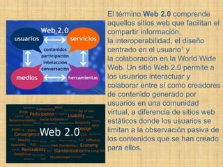 El término Web 2.0 comprende
aquellos sitios web que facilitan el
compartir información,
la interoperabilidad, el diseño
centrado en el usuario1 y
la colaboración en la World Wide
Web. Un sitio Web 2.0 permite a
los usuarios interactuar y
colaborar entre sí como creadores
de contenido generado por
usuarios en una comunidad
virtual, a diferencia de sitios web
estáticos donde los usuarios se
limitan a la observación pasiva de
los contenidos que se han creado
para ellos.
 