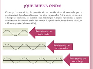 ¡QUÉ BUENA ONDA!
Como ya hemos dicho, la duración de un sonido viene determinada por la
persistencia de la onda en el tiempo, y se mide en segundos. Así, a mayor persistencia
o tiempo de vibración, los sonidos serán más largos. A menor persistencia o tiempo
de vibración, los sonidos serán más cortos. La persistencia, como hemos dicho, se
mide en segundos. Mira este dibujo:

Persistencia de
onda corta

Persistencia de
onda media

Persistencia de
onda larga

 